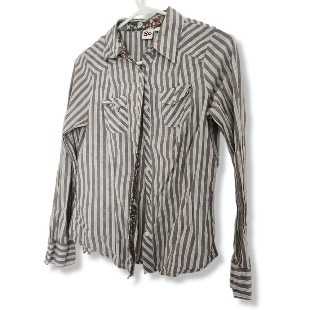 SO Girls Large Button Up Top Blouse Front Striped Front Pockets Floral Lined...